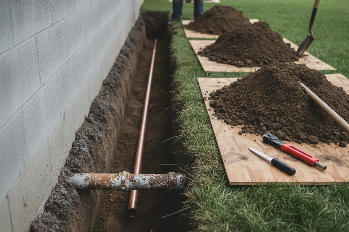 Excavated water line trench during Water Heater Repair in Rexford